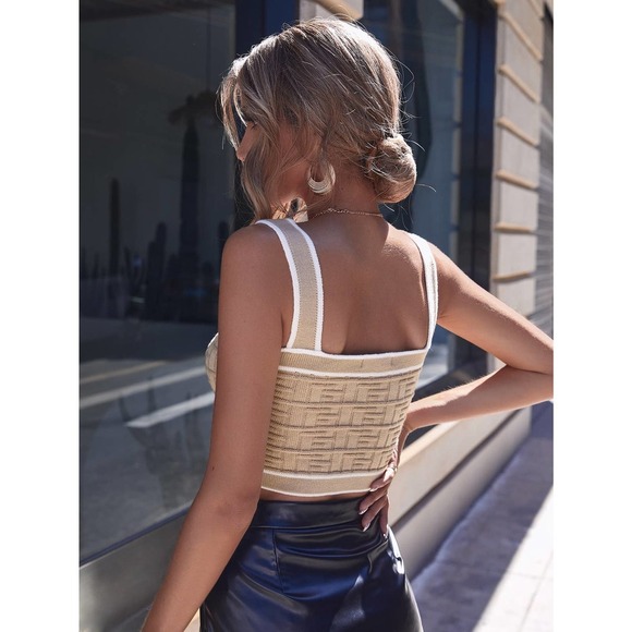 Plazacore preppy Contrast Trim Button Detail Crop Knit Top tan - Picture 2 of 11